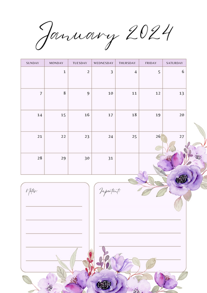 FREE Printable Download-2024 Monthly Calendar-Lush Purple Floral