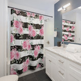 Shower Curtains-Pretty Pink Floral Roses-Black Stripes