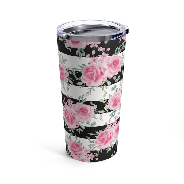 Tumbler 20oz-Pretty Pink Floral Roses-Black Stripes