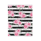 Plush Blanket-Pretty Pink Floral Roses-Black Stripes
