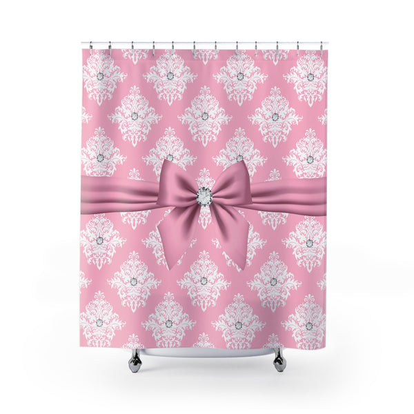 Shower Curtains-Glam Pink Mauve Bow-White Damask Diamonds