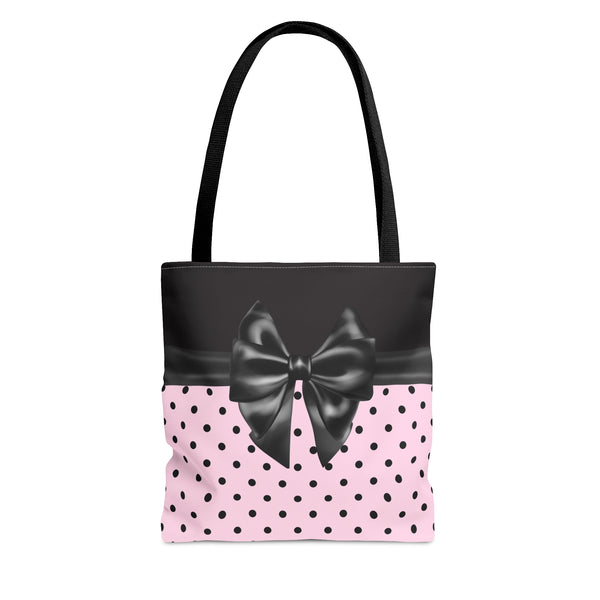 Tote Bag-Glam Black Bow-Soft Pink-Black Polka Dots