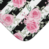 Bath Mat-Pretty Pink Floral Roses-Black Stripes