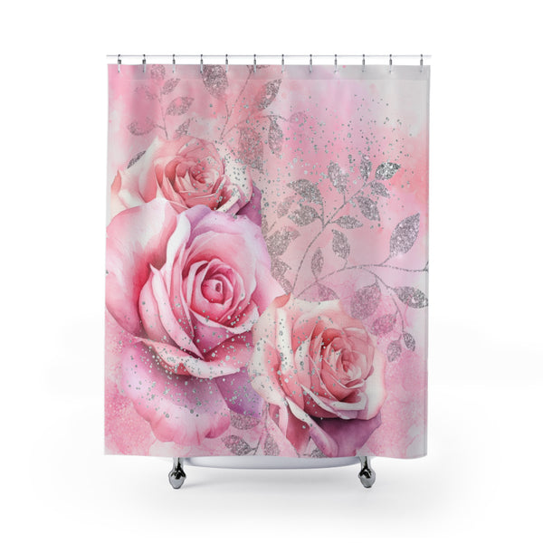 Shower Curtains-Pastel Peach Pink Roses-Silver Glitter Diamonds