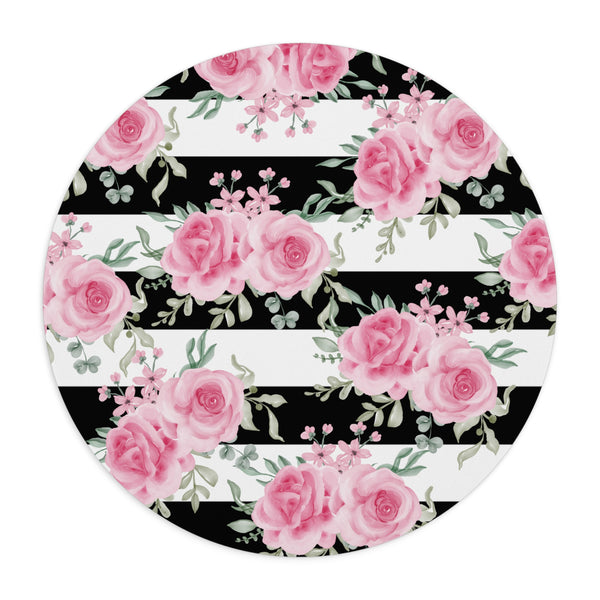 Mouse Pad-Pretty Pink Floral Roses-Black Stripes