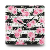 Acrylic Wall Clock-Pretty Pink Floral Roses-Black Stripes