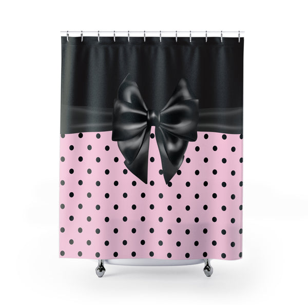 Shower Curtains-Glam Black Bow-Soft Pink-Black Polka Dots