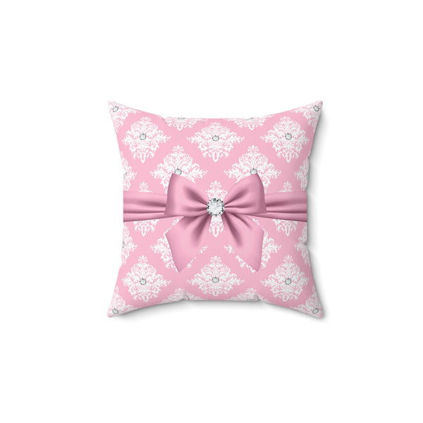 Square Pillow-Glam Pink Mauve Bow-White Damask Diamonds