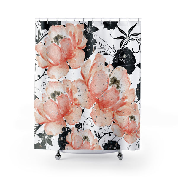 Shower Curtains-Peach Pink Floral-Black Stencil-Glitter Diamonds