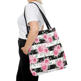Tote Bag-Pretty Pink Floral Roses-Black Stripes