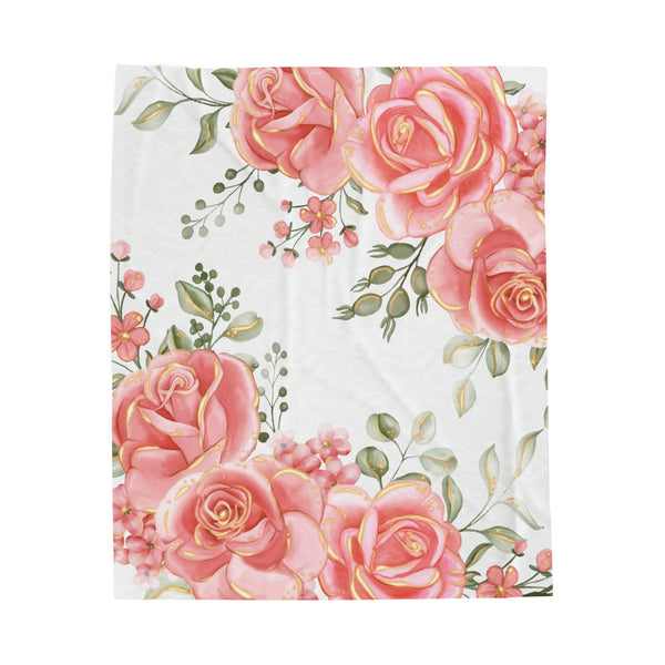 Plush Blanket-Luscious Pink Floral-Gold Trim