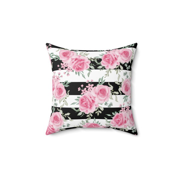 Square Pillow-Pretty Pink Floral Roses-Black Stripes