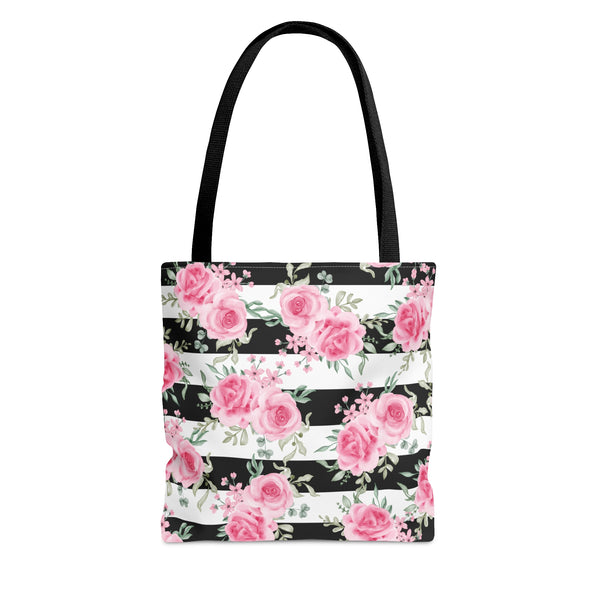 Tote Bag-Pretty Pink Floral Roses-Black Stripes