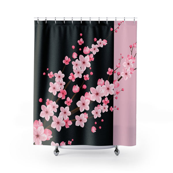 Shower Curtains-Pink Floral Blossoms-Black & Pink