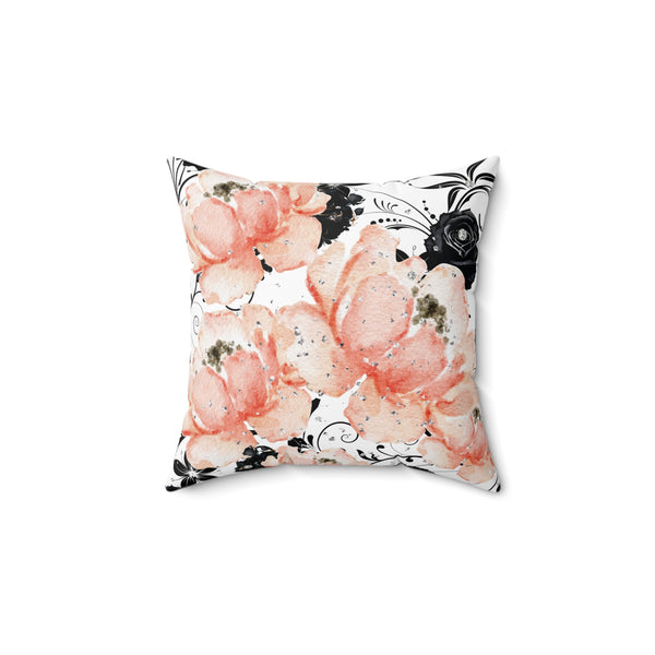Square Pillow-Peach Pink Floral-Black Stencil-Glitter Diamonds
