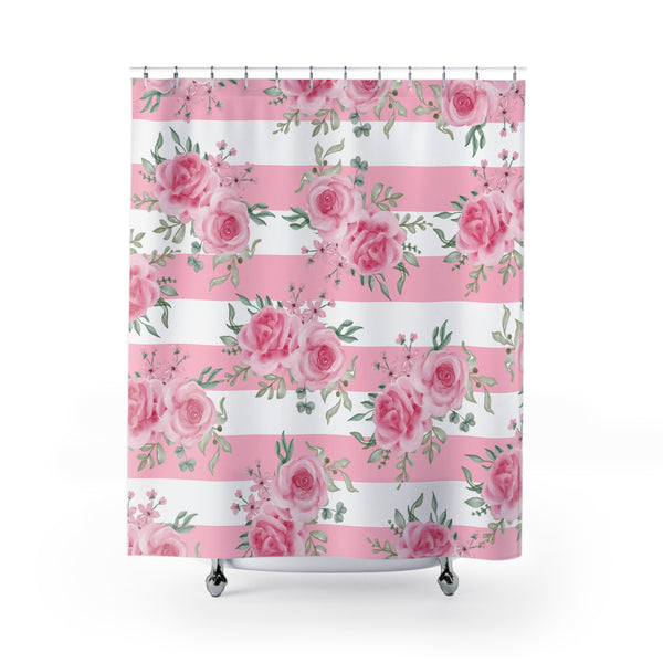 Shower Curtains-Pretty Pink Floral Roses-Pink Stripes