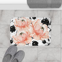 Bath Mat-Pink Peach Floral-Black Stencil-Glitter Diamonds