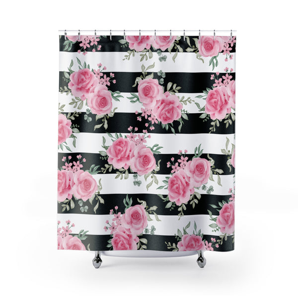 Shower Curtains-Pretty Pink Floral Roses-Black Stripes