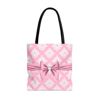 Tote Bag-Glam Pink Mauve Bow-White Damask Diamonds