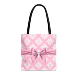 Tote Bag-Glam Pink Mauve Bow-White Damask Diamonds