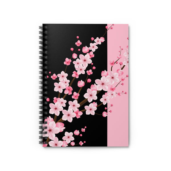 Small Spiral Notebook, 6x8in-Pink Floral Blossoms-Black & Pink