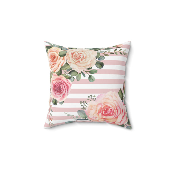Square Pillow-Pink Cream Floral Dream-Stripes