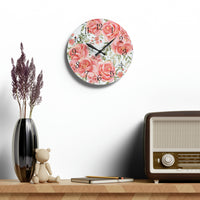 Acrylic Wall Clock-Luscious Pink Floral-Gold Trim