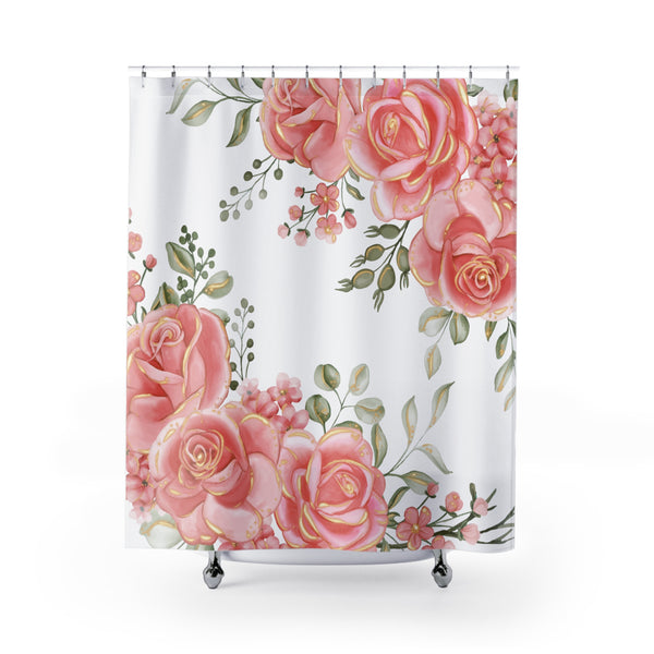Shower Curtains-Luscious Pink Floral-Gold Trim