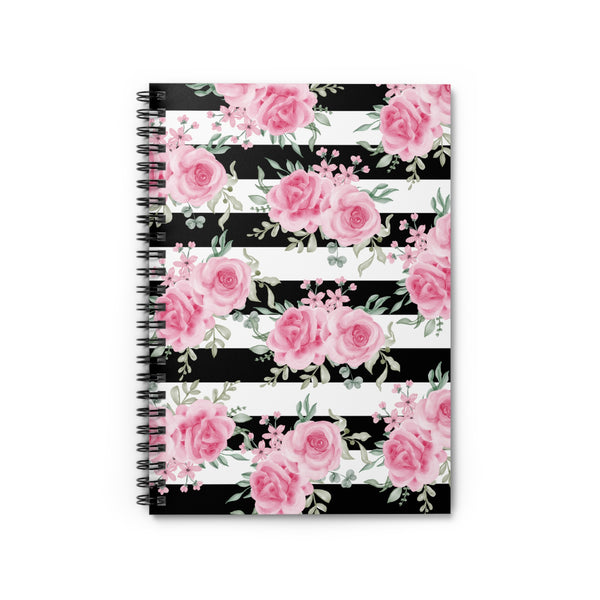 Small Spiral Notebook, 6x8in-Pretty Pink Floral Roses- Black Stripes
