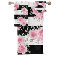 Towel Set-Pretty Pink Floral Roses-Black Stripes