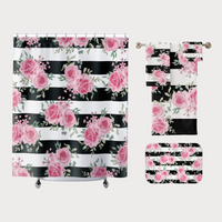 Towel Set-Pretty Pink Floral Roses-Black Stripes