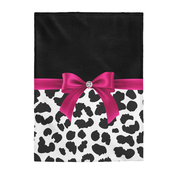 Velveteen Plush Blanket-Glam Passion Pink Bow-Snow Leopard-Black
