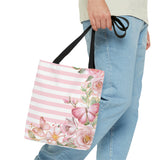 Tote Bag-Pink Floral Butterflies-Pink Horizontal Stripes