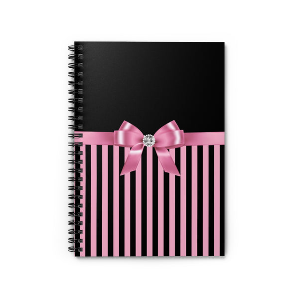 Small Spiral Notebook, 6x8in-Glam Pink Bow-Pink Black Pinstripes-Black
