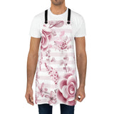 Apron-Soft Pink Floral Mauve-Horizontal Stripes-White