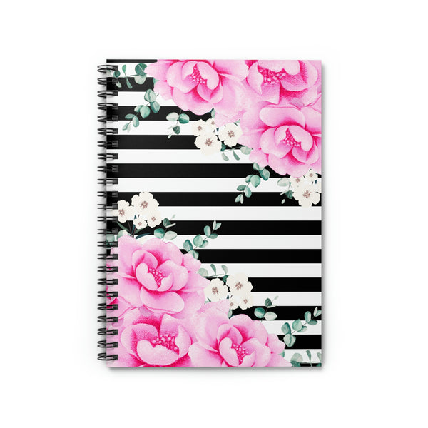 Small Spiral Notebook, 6x8in-Magenta Pink-Floral Bash-Black Horizontal Stripes-White