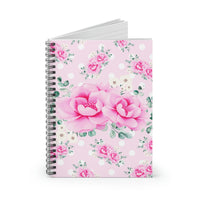 Small Spiral Notebook, 6x8in-Magenta Pink Floral-White Polka Dots-Pink