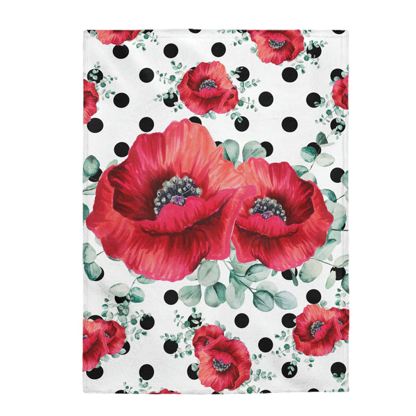 Velveteen Plush Blanket-Rouge Red Floral-Black Polka Dots-White