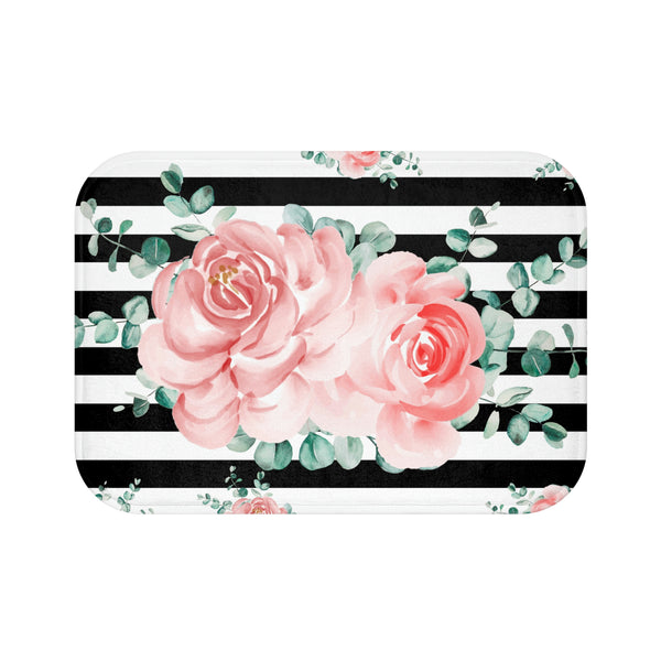 Bath Mat-Lush Pink Floral-Black Horizontal Stripes-White