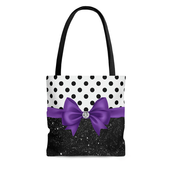 Tote Bag-Glam Purple Bow-Black Polka Dots-Black Glitter