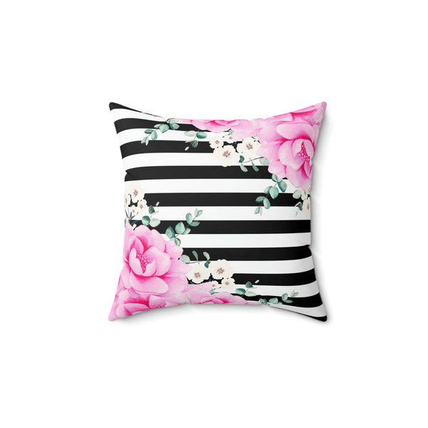 Square Pillow-Magenta Pink-Floral Bash-Black Horizontal Stripes-White