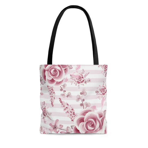 Tote Bag-Soft Pink Floral Mauve-Horizontal Stripes-White
