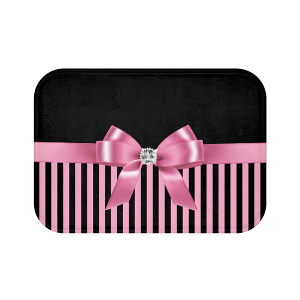 Bath Mat-Glam Pink Bow-Pink Black Pinstripes-Black