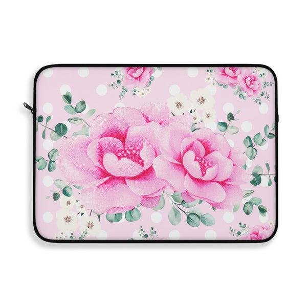 Laptop Sleeve-Magenta Pink Floral-White Polka Dots-Pink