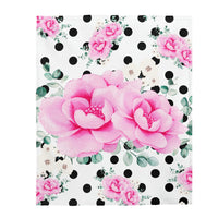 Velveteen Plush Blanket-Magenta Pink Floral-Black Polka Dots-White