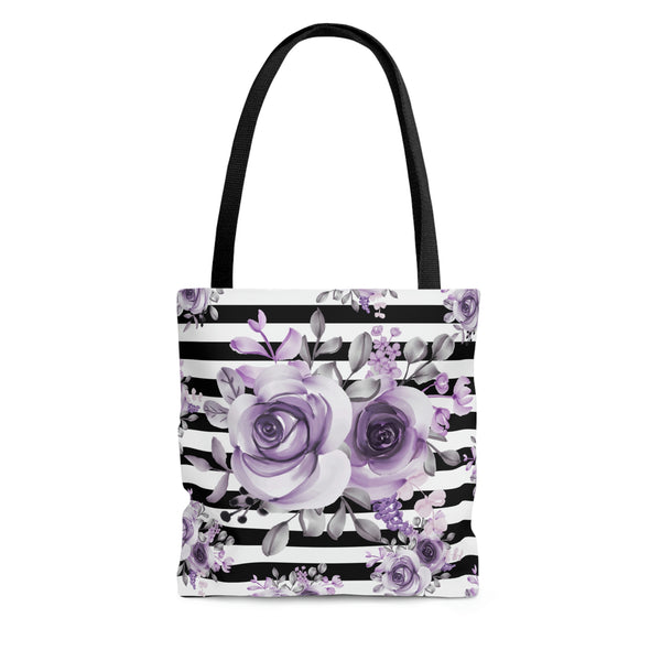 Tote Bag-Soft Purple Floral-Black Horizontal Stripes-White