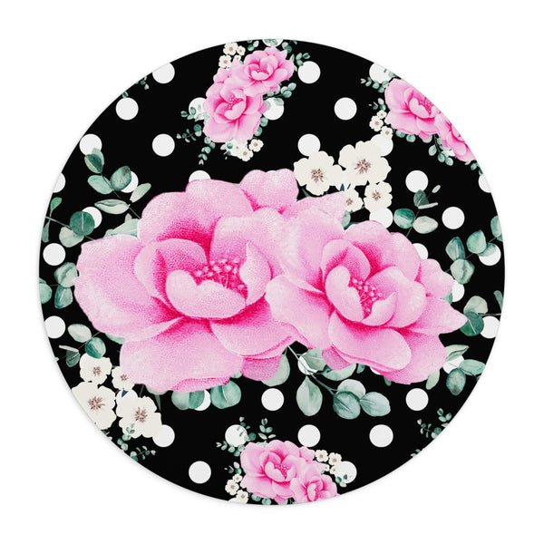 Mouse Pad-Magenta Pink Floral-White Polka Dots-Black