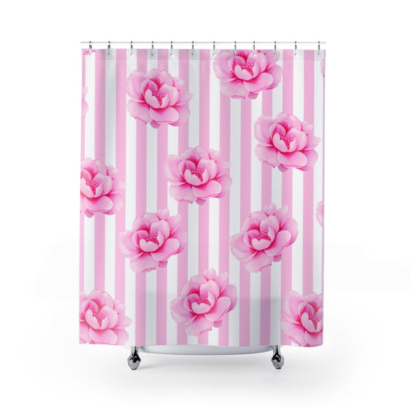 Shower Curtains-Magenta Pink-Floral Pinstripes