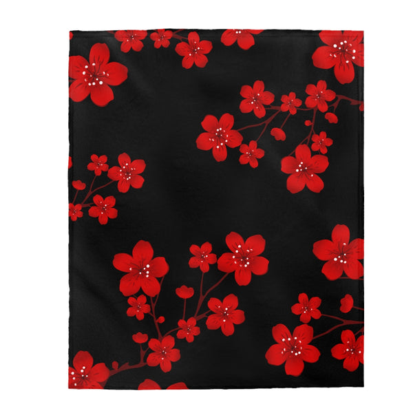 Velveteen Plush Blanket-Red Floral Blossoms-Black