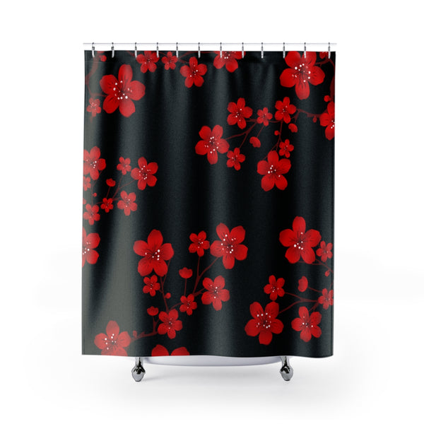 Shower Curtains-Red Floral Blossoms-Black